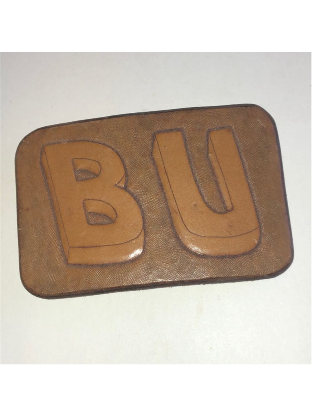 Vintage Brown Leather 'BU' Embossed Belt Buckle